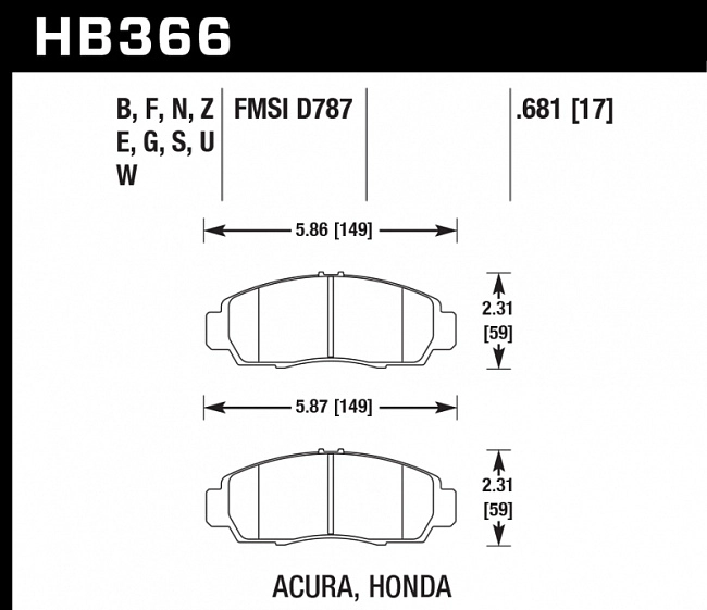 картинка Колодки тормозные HB366B.681 HAWK Street 5.0 передние  Honda Civic+ EU,EP 1,8 / FD1,3   Accord магазин  StreetTuning 