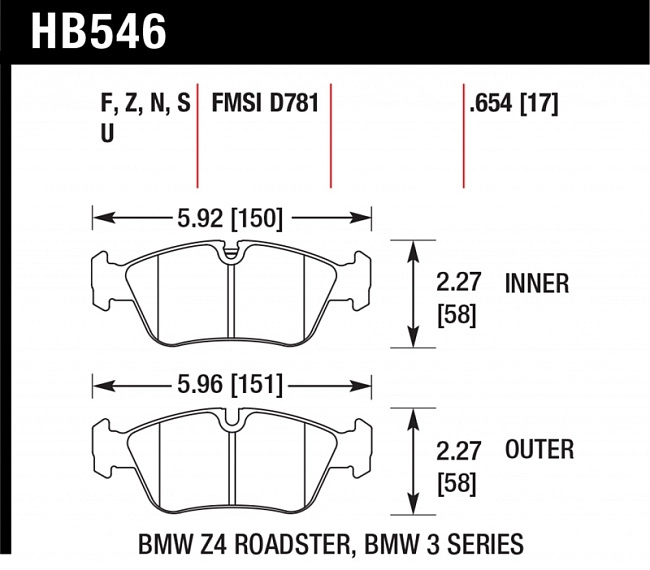 картинка Колодки тормозные HB546F.654 HAWK HPS передние BMW 3 (E36), (E46), (E90), Z3, Z4 магазин  StreetTuning 