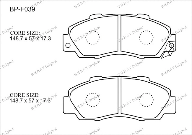 картинка Передние тормозные колодки Gerat BP-F039 (Honda Accord,Civic, 
CR-V, HR-V, Integra, 
Legend, Odyssey, 
Prelude, Saber, 
Shuttle, SM-X, 
Stepwgn, Torneo) магазин  StreetTuning 