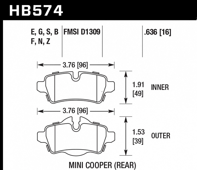 картинка Колодки тормозные HB574F.636 HAWK HPS задние MINI COOPER 2 (R56) / BMW 1 (E87) 116i, 118i магазин  StreetTuning 