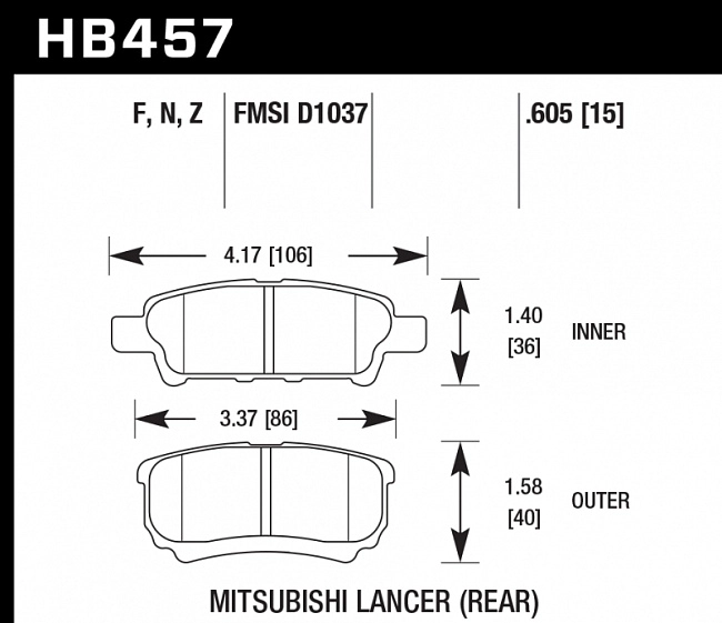 картинка Колодки тормозные HB457F.605 HAWK HPS задние Mitsubishi Lancer 9, 10 магазин  StreetTuning 