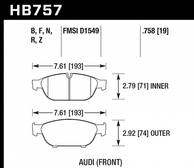 картинка Колодки тормозные HB757F.758 HAWK HPS перед Audi A6 4G2, C7, 4GC; A7 4GA, 4GF; Allroad 4GH; магазин  StreetTuning 