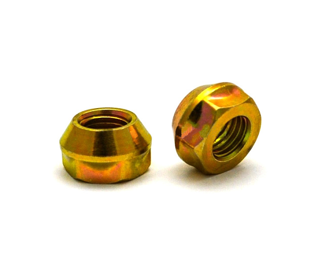 картинка Гайка Starleks 12х1.5, конус, высота 12.9 мм, ключ 19 мм, открытая, желтый цинк магазин  StreetTuning 