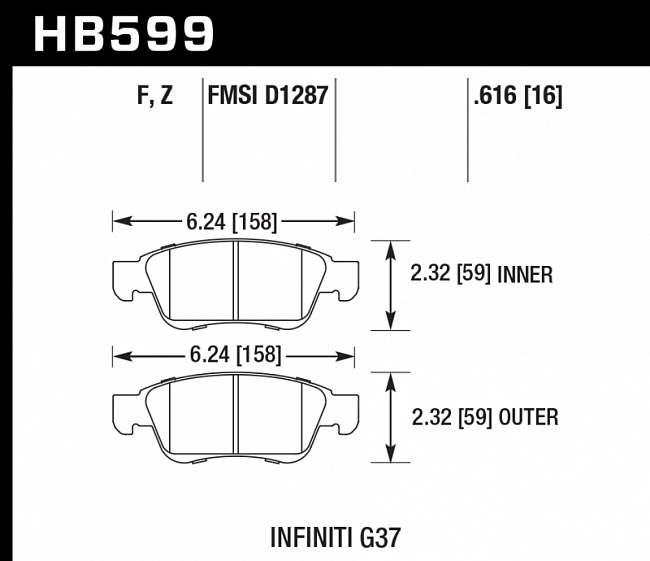 картинка Колодки тормозные HB599F.616 HAWK HPS передние INFINITI G35, G37 (комплектация sport) /  EX35 , EX37 магазин  StreetTuning 