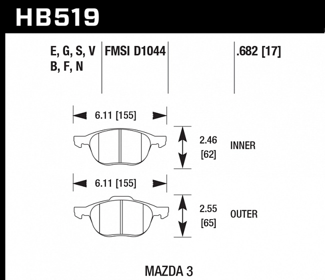 картинка Колодки тормозные HB519F.682 HAWK HPS передние FORD FOCUS 2 , 3/ MAZDA 3, 5 магазин  StreetTuning 