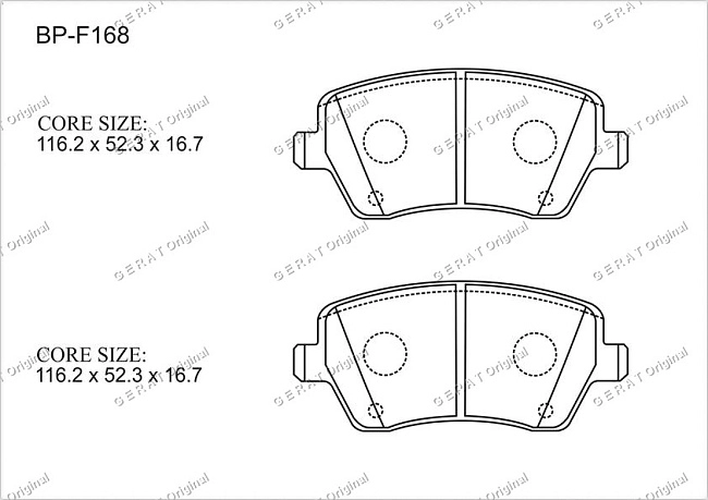 картинка Передние тормозные колодки Gerat BP-F168 (Nissan Almera, March, Micra, Note, Tiida/ 
Opel Agila,
Renault Modus, Suzuki Swift/ 
Lada Largus, Vesta, X-ray) магазин  StreetTuning 