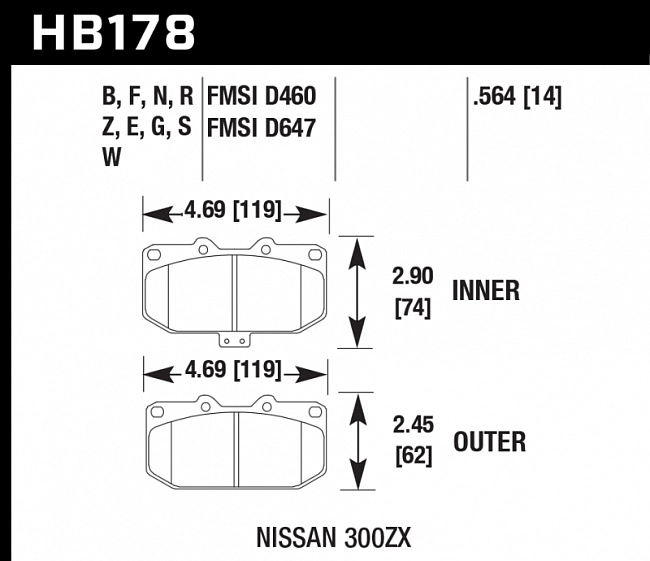 картинка Колодки тормозные HB178N.564 HAWK HP Plus;  передние SUBARU Impreza WRX; Nissan 300ZX; HPB тип 1; магазин  StreetTuning 