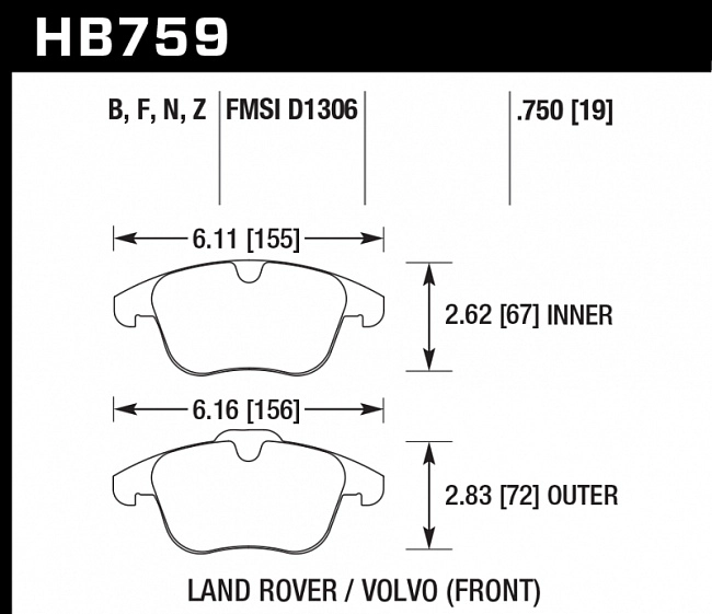 картинка Колодки тормозные HB759F.750 HAWK HPS перед Range Rover EVOQUE; FREELANDER MK2; XC70; V70 магазин  StreetTuning 