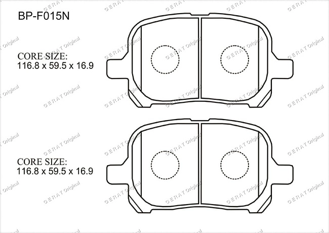 картинка Передние тормозные колодки Gerat BP-F015N (Lexus ES300, RX300/ 
Toyota Avalon, Camry, Camry Gracia, Camry Solara, Gaia, Harrier, Mark II, Nadia, Picnic Verso, Previa, Pronard, Windom ) магазин  StreetTuning 