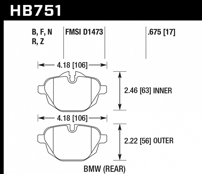 картинка Колодки тормозные HB751N.675 HAWK HP PLUS; 17mm  BMW 5 F10; 5 F11; 5 F18; i8; X3 F25; X4 F26; магазин  StreetTuning 