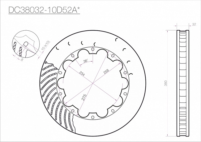 картинка Ротор тормозного диска 380*32mm, DC Brakes DC38032-10D52AL, D крепеж, лев. (Brembo, JBT) магазин  StreetTuning 