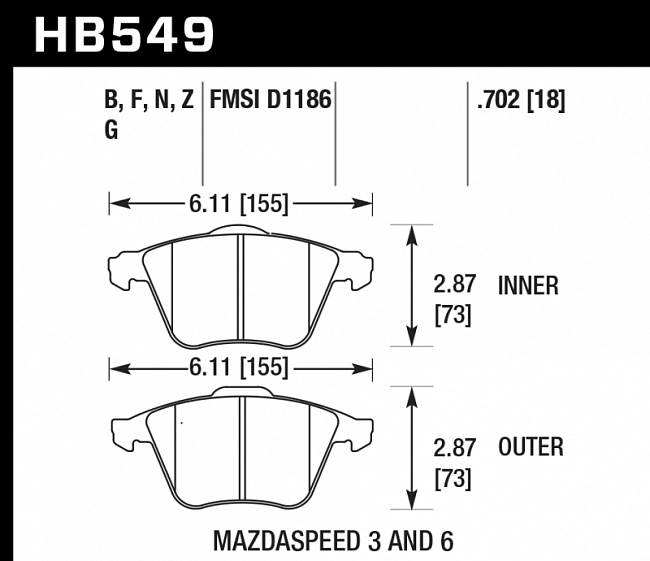 картинка Колодки тормозные HB549B.702 HAWK Street 5.0 передние MAZDA 3 MPS, 6 MPS / FORD Focus 2 ST / OPEL VE магазин  StreetTuning 