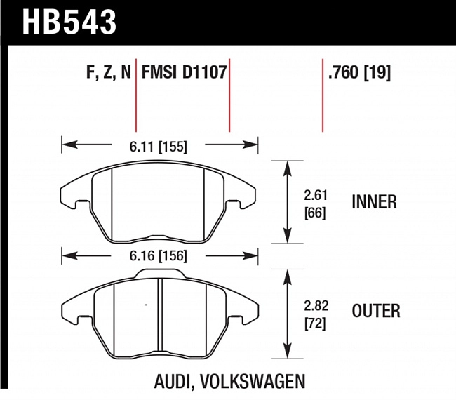 картинка Колодки тормозные HB543N.760 HAWK HP+ передние AUDI A3 / VW Golf 5,6 , Passat CC, B6, B7 магазин  StreetTuning 