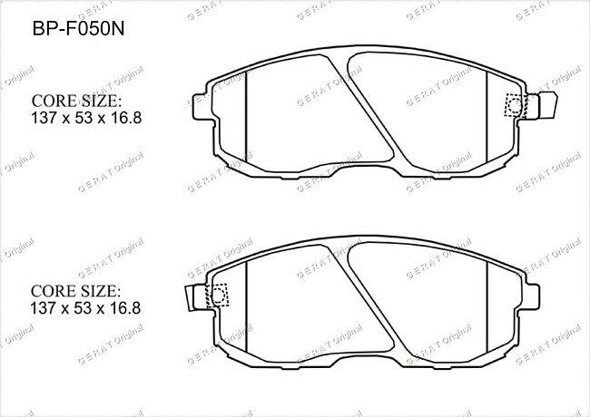картинка Передние тормозные колодки Gerat BP-F050N (Infiniti G20, G35, I30, I35/ 
Nissan 180SX, 200SX, 350Z, Altima, Avenir, Bluebird, Cefiro, Cube, Fairlady Z, Juke, Laurel, Maxima, Primera, Sentra, Silvia, Skyline, Stagea, Sunny, Teana, Tiida, Versa, Wingroad, R магазин  StreetTuning 