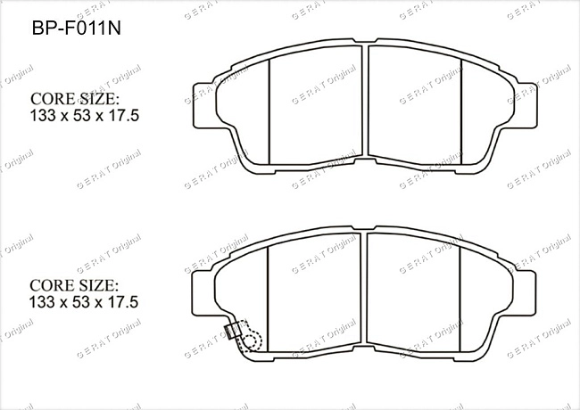 картинка Передние тормозные колодки Gerat BP-F011N (Toyota Caldina, Camry, Carina, Celica, Chaser, Corolla, Corona, Cresta, Crown, Curren, Gaia, Ipsum, Mark II, Picnic, Prius, RAV 4, Scepter, Vista) магазин  StreetTuning 