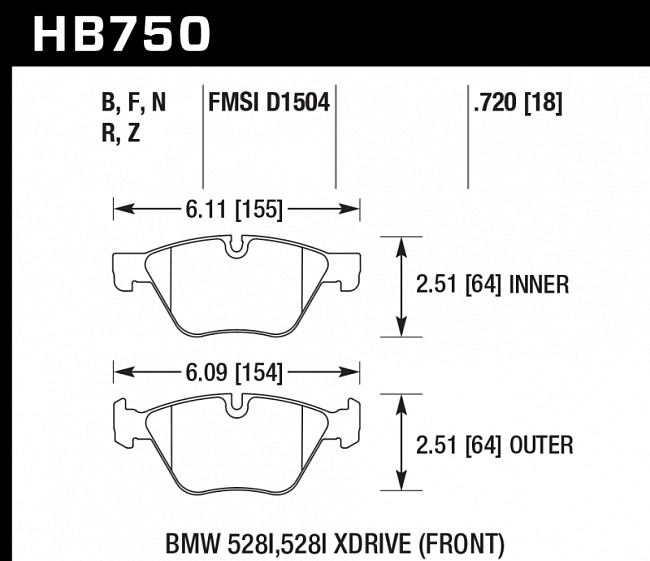 картинка Колодки тормозные HB750Z.720 HAWK PC BMW 5 F10; 5 F11; 5 F18; 18mm магазин  StreetTuning 