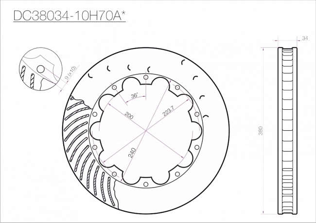 картинка Ротор тормозн. диска 380*34mm, DC Brakes DC38034-10H70AL, H крепеж,Nissan GT-R 2007-2011 перед, лев. магазин  StreetTuning 