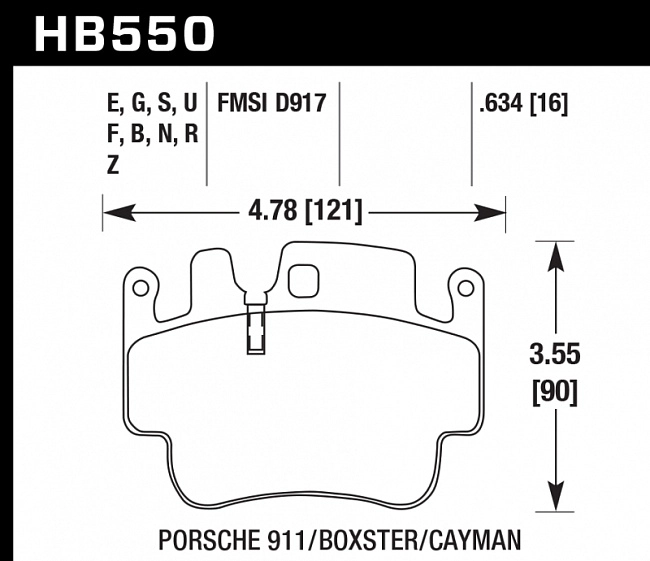 картинка Колодки тормозные HB550N.634 HAWK HP Plus  16 mm Porsche 911 (996), (997), Boxter (986), Cayman магазин  StreetTuning 