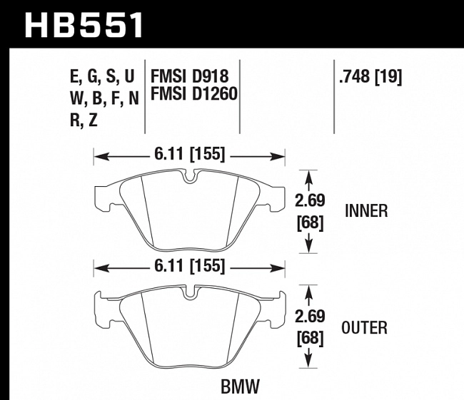 картинка Колодки тормозные HB551B.748 HAWK Street 5.0 передние BMW 3 (E90,91,92) 335i,  M3 E90, 5 E60, 6 E63, магазин  StreetTuning 