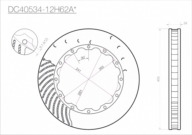 картинка Ротор тормозного диска 405*34mm, DC Brakes DC40534-12H62AL, H крепеж, лев. (Brembo, JBT) магазин  StreetTuning 