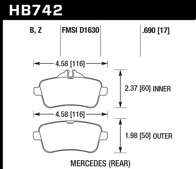 картинка Колодки тормозные HB742B.690 HAWK Street 5.0 зад MB A W176 45AMG; CLA C117 45AMG; SLK R172 55AMG; магазин  StreetTuning 