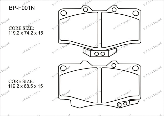 картинка Передние тормозные колодки Gerat BP-F001N (Mazda MX 5/
Nissan 300ZX, Silvia, Skyline/ 
Subaru Forester, Impreza/ 
Toyota 4runner, Hilux, Land Cruiser, Land Cruiser Prado, Surf, Tacoma) магазин  StreetTuning 