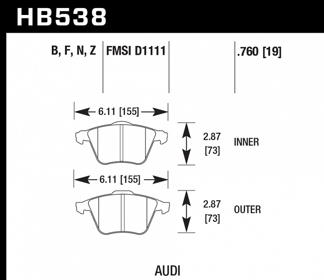 картинка Колодки тормозные HB538B.760 HAWK Street 5.0 передние  Audi A4 8E, A6 4F, A8 4E магазин  StreetTuning 