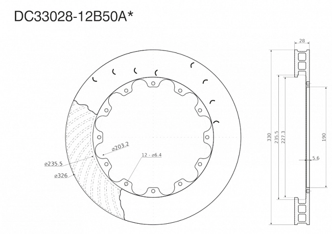картинка Ротор тормозного диска 330*28mm, DC Brakes DC33028-12B50AR, крепеж под болты, правый магазин  StreetTuning 
