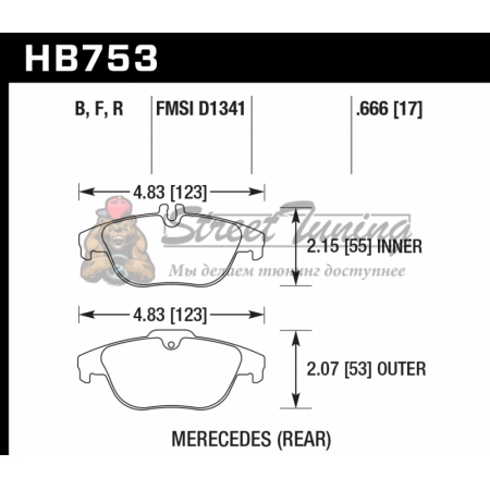 Колодки тормозные HB753F.666 HAWK HPS; 17mm зад MB C W204; GLK W204