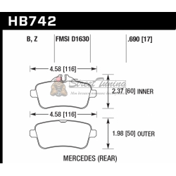 Колодки тормозные HB742B.690 HAWK Street 5.0 зад MB A W176 45AMG; CLA C117 45AMG; SLK R172 55AMG;
