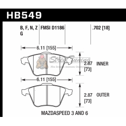 Колодки тормозные HB549N.702 HAWK HP+ передние MAZDA 3 MPS, 6 MPS / FORD Focus 2 ST / OPEL VECTRA 2,
