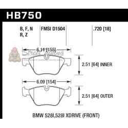 Колодки тормозные HB750R.720 HAWK Street Race BMW 5 F10; 5 F11; 5 F18; 18mm